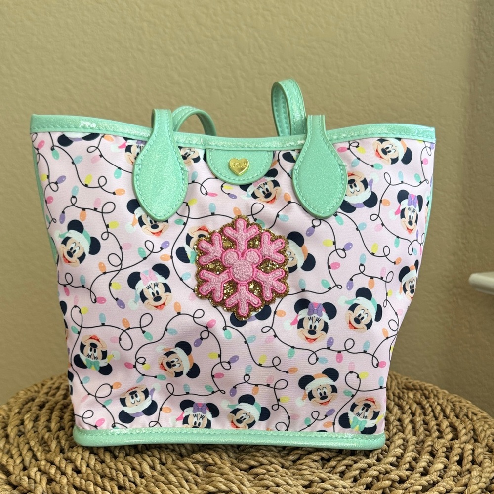 Stoney Clover Lane Mickey & Minnie Mouse Mini Tote Bag with Pink Snowflake patch